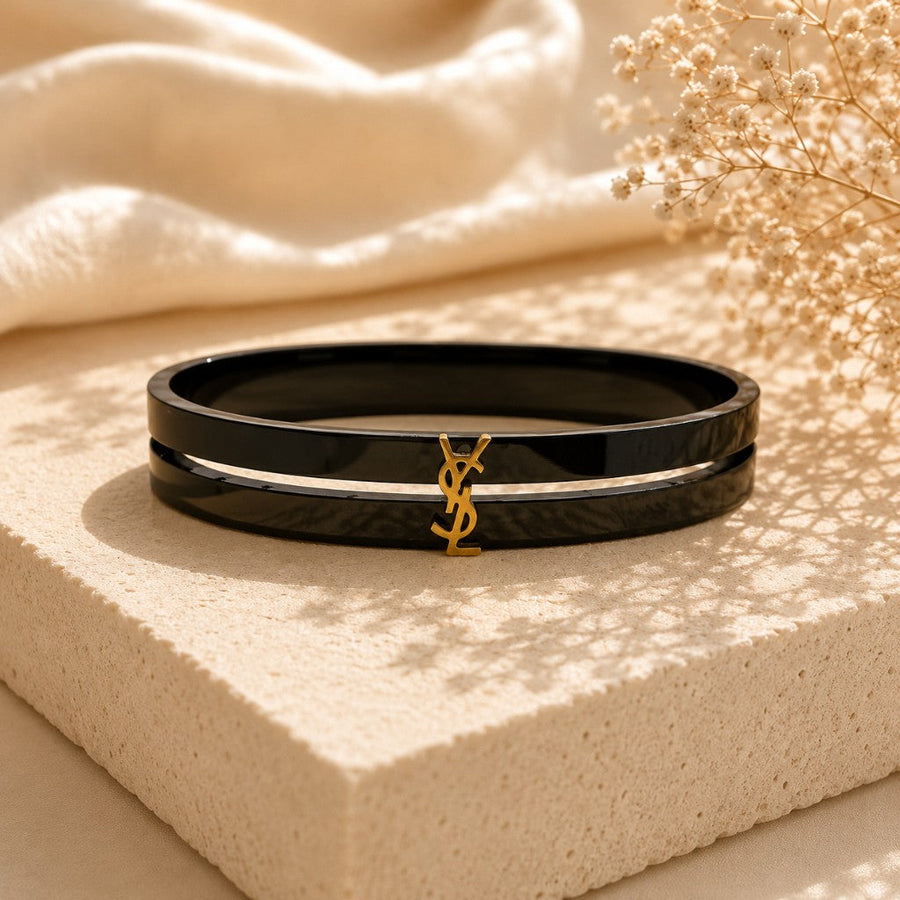 YSL Μαύρη Διπλή Χειροπέδα με Χρυσό Λογότυπο