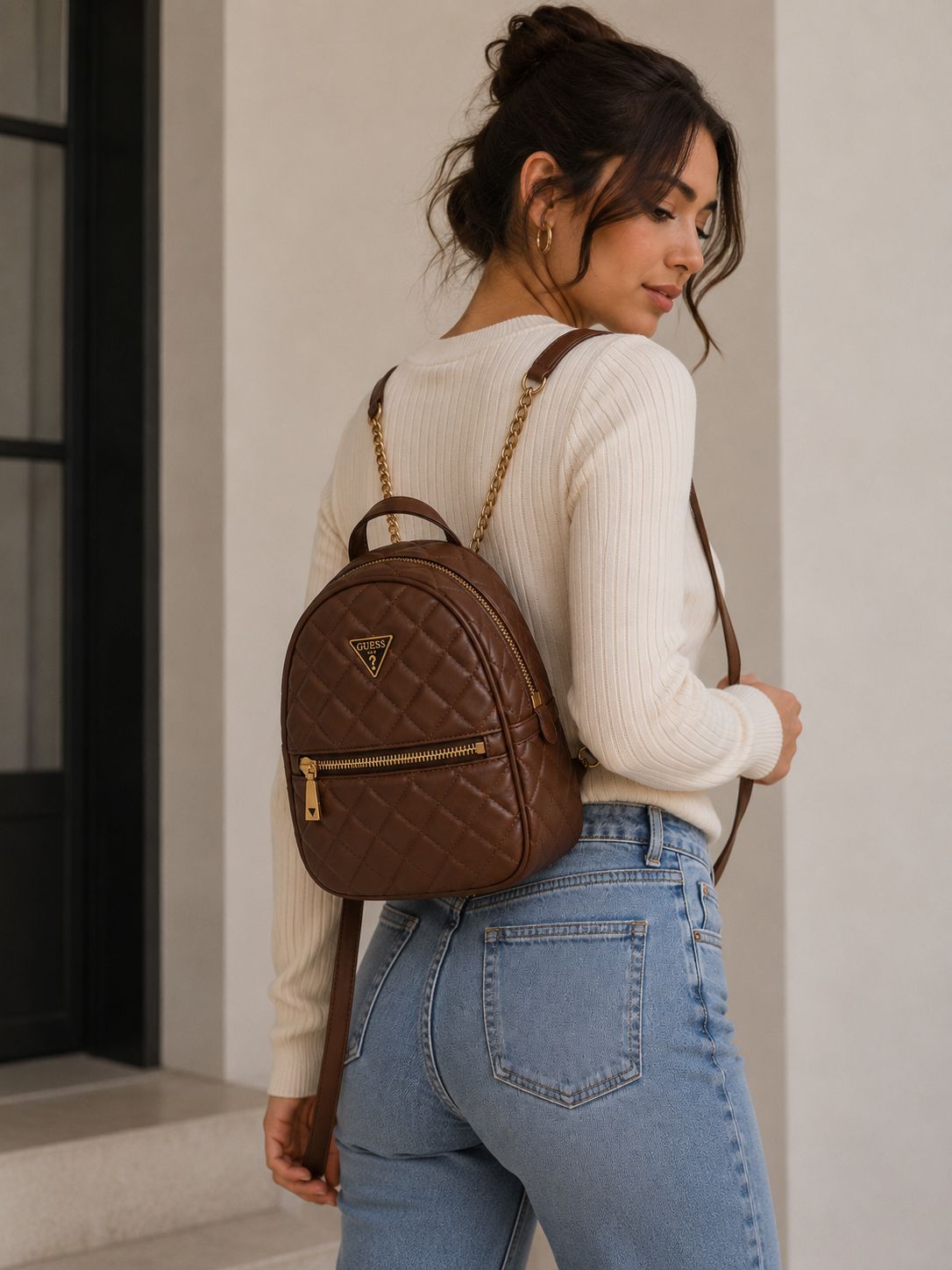 Guess Quilted Mini Backpack Cognac