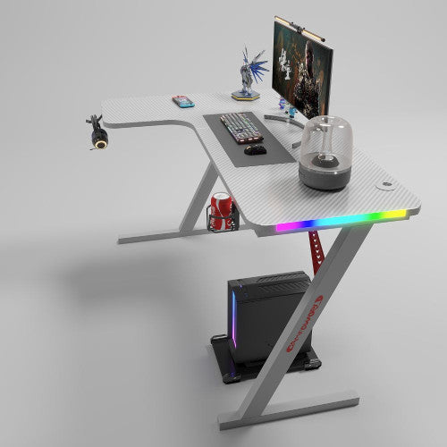 Γωνιακό Gaming γραφείο με φωτισμό RGB, υφή ανθρακονήματος και μεταλλικό σκελετό Μαύρο 140x(60-100)x74cm P201-WHTE