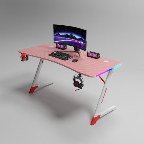 Γραφείο Gaming με φωτισμό RGB, υφή ανθρακονήματος και μεταλλικό σκελετό Ροζ - Λευκό 140x60x74cm D2209-PINK