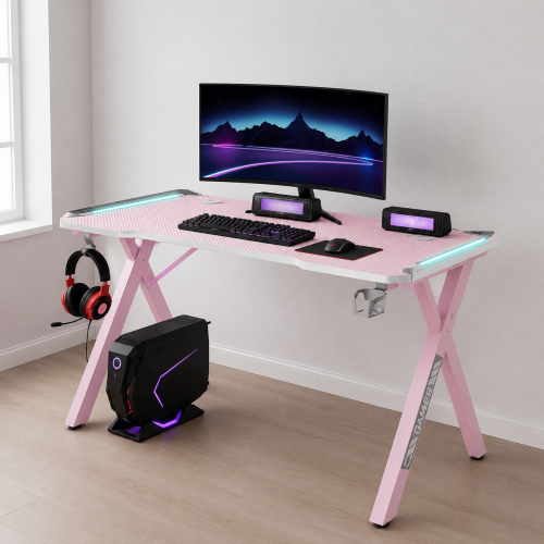 Γραφείο Gaming – RGB Φωτισμός & Carbon Fiber Design Ροζ 140×60×74cm D2107-PINK