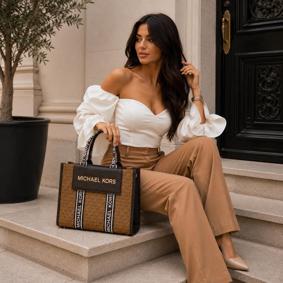 Michael Kors Monogram Tote Tan White Strap