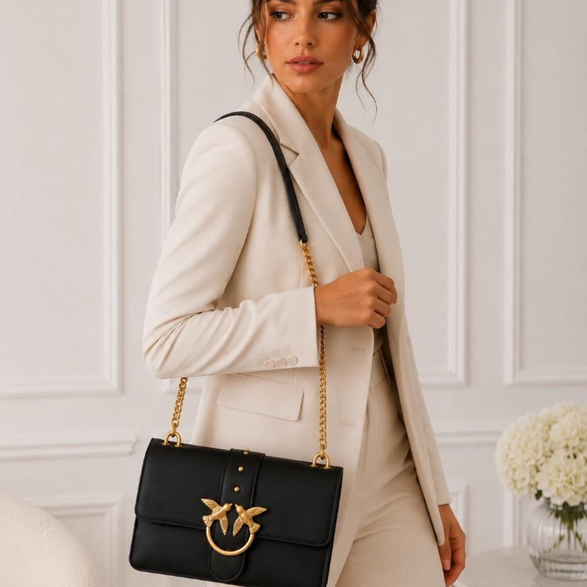 Pinko Love Bag Τσάντα Ώμου Μαύρη με Χρυσό Κούμπωμα